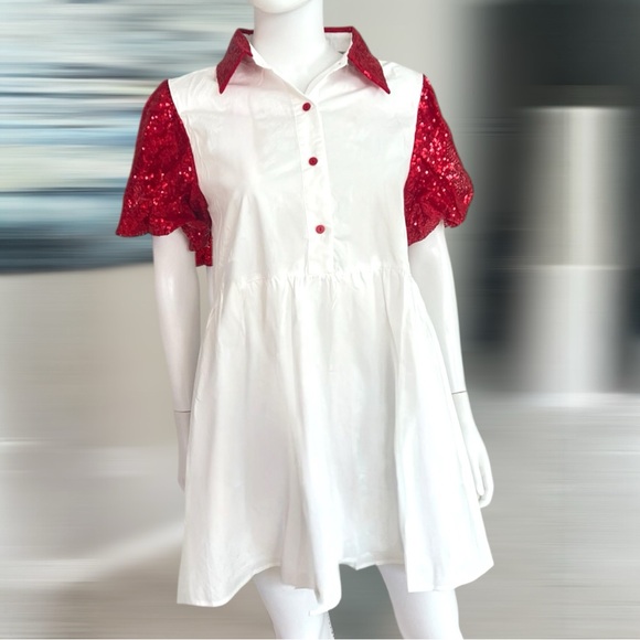 PEACH LOVE CALIFORNIA red sequin puff sleeve Love You dress S M L - Picture 8 of 10